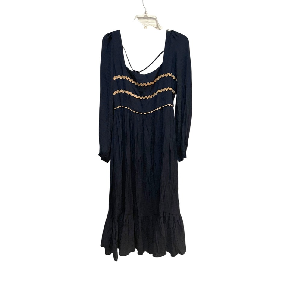 La Lavon Navy Blue Square Neck Ric Rac Trim Tiered Maxi‎ Dress Size L